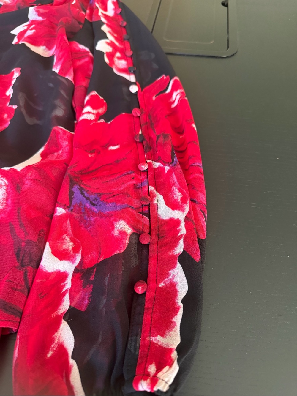 White House Black Market Black Sheer Blouse with Red Floral Print - Picture 6 of 7